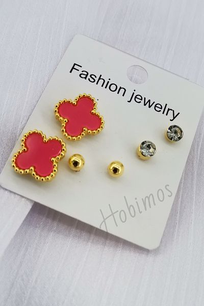 Hobimos 3 Pairs of Earrings Set - Clover Design Earrings, Stone Earrings, Ball Earrings, Cartilage Earrings