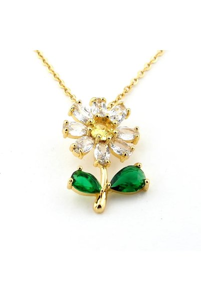 LAVİNYAMJEWELLERY قلادة من الفولاذ على شكل زهرة الأقحوان من حجر الزركون الأبيض والأخضر