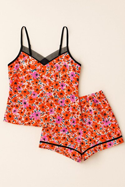 ELİTOL Women's Colorful Floral Patterned Shorts Pajama Set – Summer Set with Suspenders