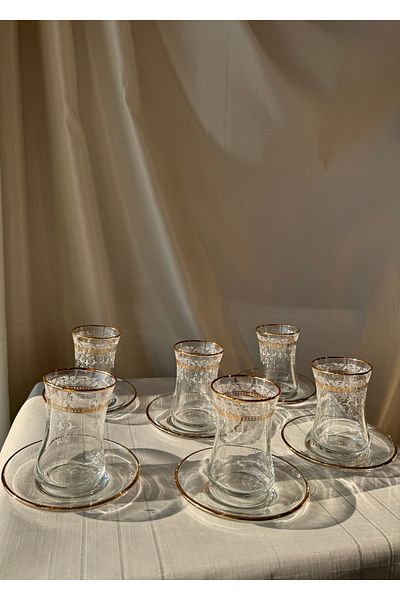 Şahika Kristal cama atılan imza 12 Piece Koza Gold Tea Set