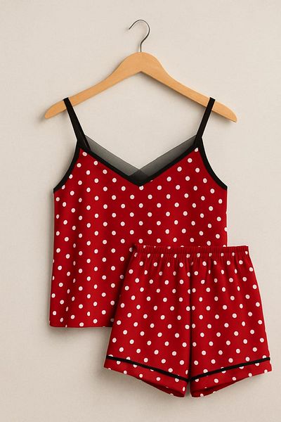 ELİTOL Women's Red Polka Dot Patterned Shorts Pajama Set – Summer Set with Straps