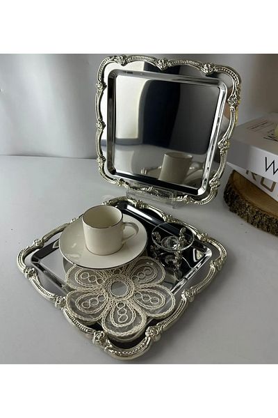 Elzemm store 2 Pcs Steel Square Silver Frame Service and Presentation Tray Tea Coffee Presentation