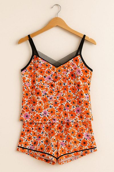 ELİTOL Women's Colorful Floral Patterned Shorts Pajama Set – Summer Set with Suspenders