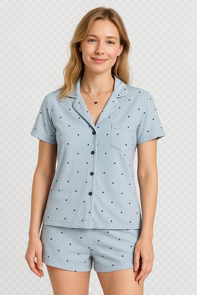 ELİTOL Women's 100% Cotton Buttoned Blue Shorts Pajama Set – Polka Dot Summer Pocketless Set
