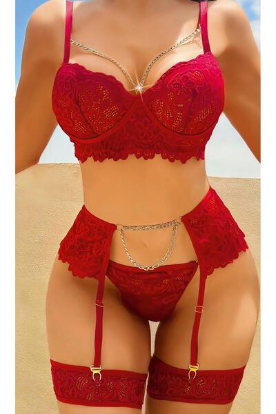 qp She Burgundy Chain Detailed Lace Garter Set
