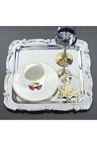 Elzemm store 1 Pcs Stainless Steel Square Service and Presentation Tray with Silver Frame