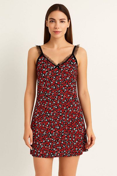 ELİTOL Women's Black Background Red Floral Patterned Strap Mini Dress – Tulle Detail