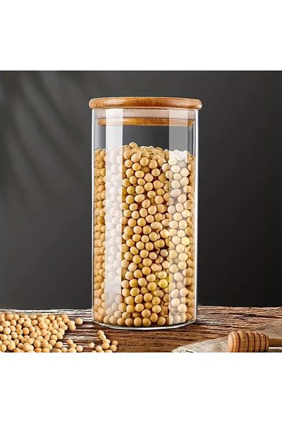 Noah Exclusive 1250 Cc Borosilicate Glass Spice Jar - with Bamboo Lid - Storage Container - (9 cm X 20 cm)