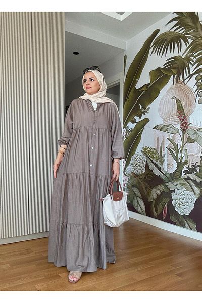 Aselim Hijap Moda Strawberry Fabric Robe Summer Dress |   Buttoned and Relaxed Cut Mink