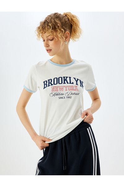 Koton New Season Slogan Printed Cotton Crew Neck Short Sleeve T-Shirt