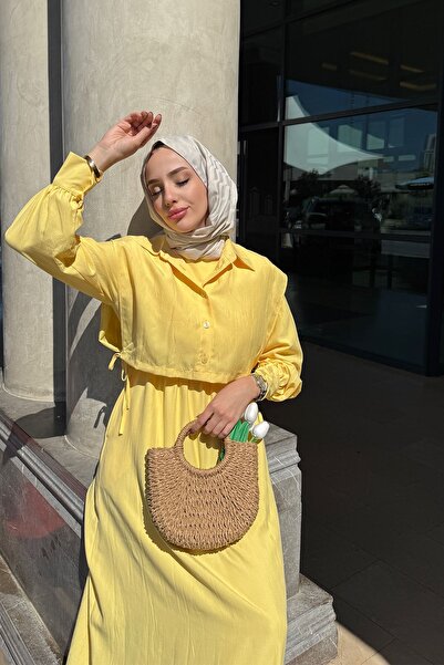 Tesettür Diyarı Kadın Tesettür Giyim Elbise Bolerolu-Sarı