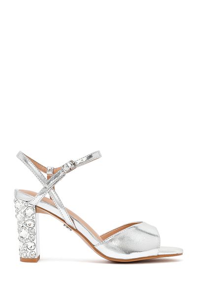 Derimod Women's Silver Ankle Buckle Metallic Thick Heeled Sandals 25Sfe466932