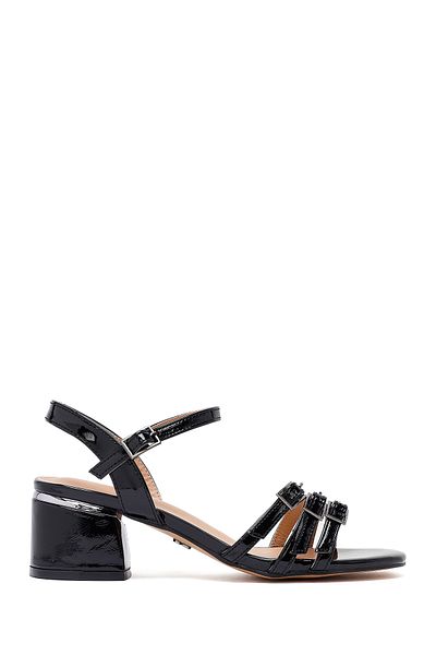 Derimod Women's Black Ankle Buckle Thick Patent Leather Heeled Sandals 25Sfe466416