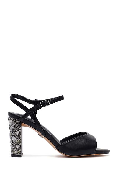 Derimod Women's Black Ankle Buckle Metallic Thick Heeled Sandals 25Sfe466932
