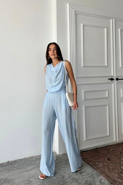 KAZAK Degaje Collar Sleeveless Bluz - Pants Suit - Blue
