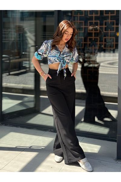 KAZAK Women's High Waist Wide Leg Detailed Imported Crepe Trousers with Pockets