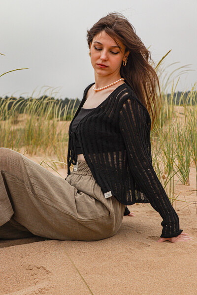 Oiki Bohem File Örgü Crop – Ön Bağcıklı Şık Kısa Üst – Rahat Fit – Günlük Kom...