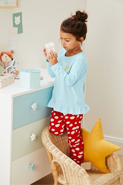 Tchibo تي شيرت جرافيكي بأكمام طويلة للبنات الصغار، 3 قطع، أحمر وأزرق فاتح وأصفر