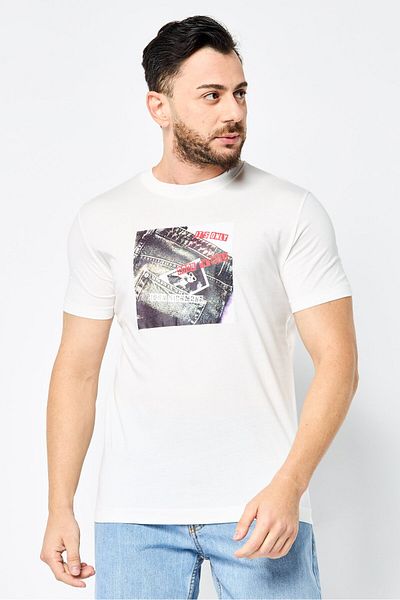 John Richmond Men Crew Neck Short Sleeve Graphic Print T-Shirt, Off White