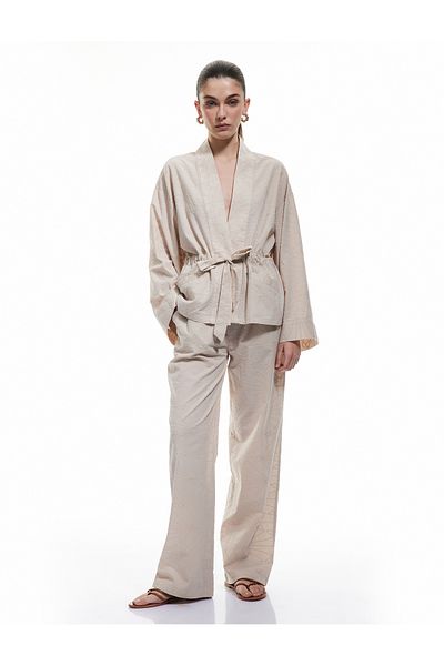 Koton Cotton Pocket Tie Waist Long Sleeve Scalloped Embroidered Double Breasted Kimono