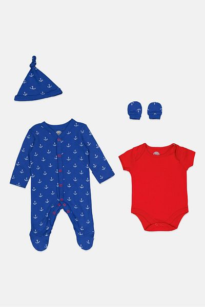 MOTHERCARE Toddlers Boy 4 Pieces Allover Print Bodysuit Playsuit Beanie And Gloves Set, Multicolor