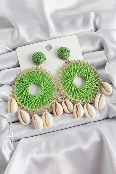 adoyus Green Straw Weave Spiral Model Gold Color Women's Earrings with Hanging Seashell Detail