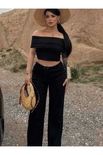 MODA تي شيرت نسائي قصير بياقة مادونا - طقم قميص قطني بساق واسعة من الأسفل