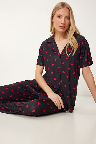 Lovelyİstanbul Set pijamale cu modele flexibile și textură moale NEGRU ROȘU LFP0003