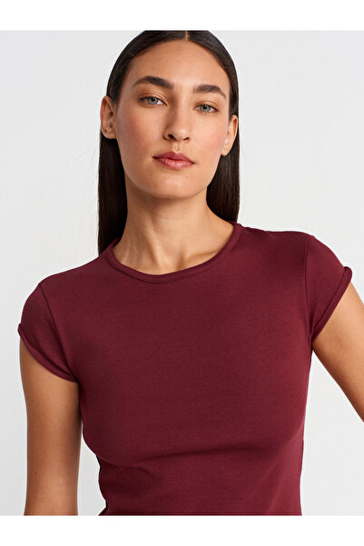 Dilvin 31779 Bisiklet Yaka Basic T-Shirt-Açık Bordo