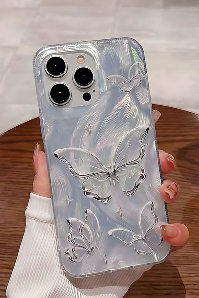 Fibaks حافظة هاتف Apple iPhone 15 Pro، نمط فراشة ثلاثية الأبعاد لامعة، حماية للكاميرا ممتصة للصدمات، من السيليكون