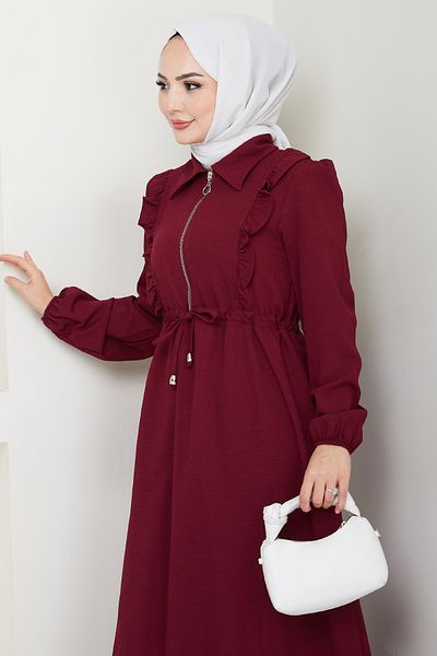 InStyle Rochie burgundă cu fermoar și detaliu cu volan