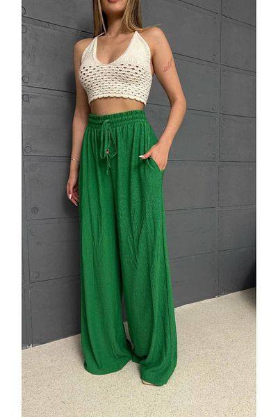 TİENDEROPA Women's Beaded Oversize Linen Trousers Green