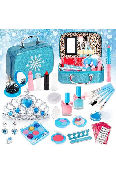 Yelajoy 33-Piece Princess Kids Makeup Set,Safe,Washable, frozen theme,Playset for Girls,Blue