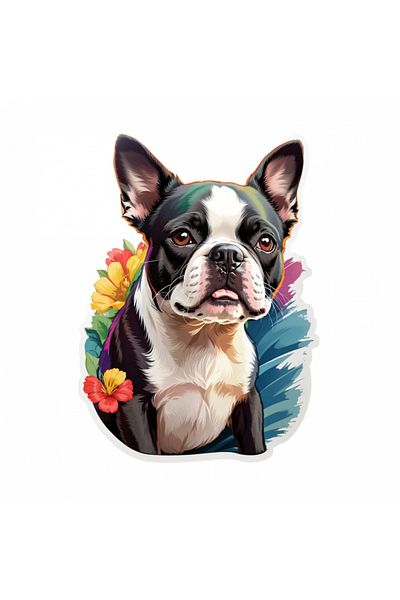 INOVATIX Set de 8 piese, autocolant pentru câini Boston terrier cu flori, INOVATIX®. 6 cm