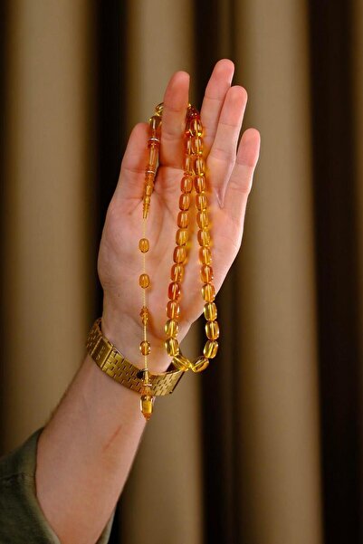dergah tesbih Şükür Baba Series Silver Ring Detailed System Yellow Fire-I Amber Prayer Beads