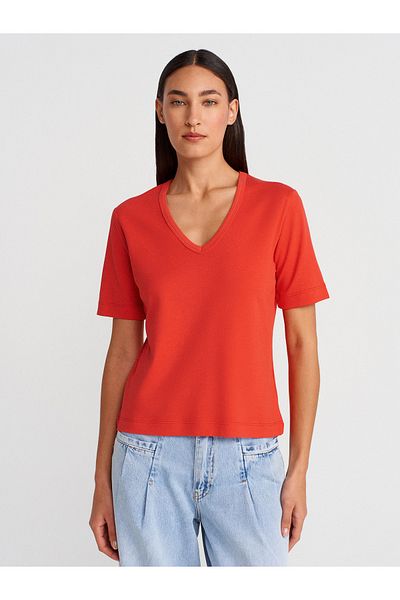 Dilvin 31840 V-Neck Short Sleeve T-Shirt-Red