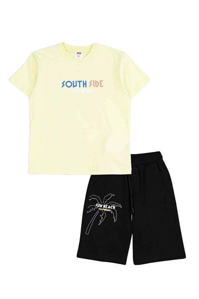 ww waka waka kids store South Side" Printed Yellow T-Shirt and Palm Embroidered Black Shorts Boys Set - Yellow