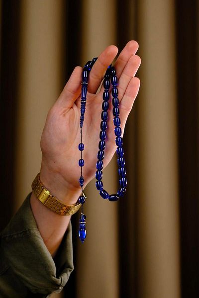dergah tesbih Şükür Baba Series Silver Ring Detailed System Blue Fire-I Amber Prayer Beads