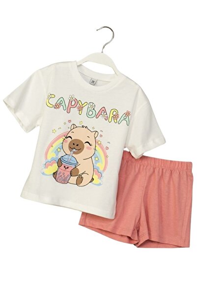 ww waka waka kids store Capybara Print Girls' T-Shirt and Shorts Set Summer Comfort and Adorableness