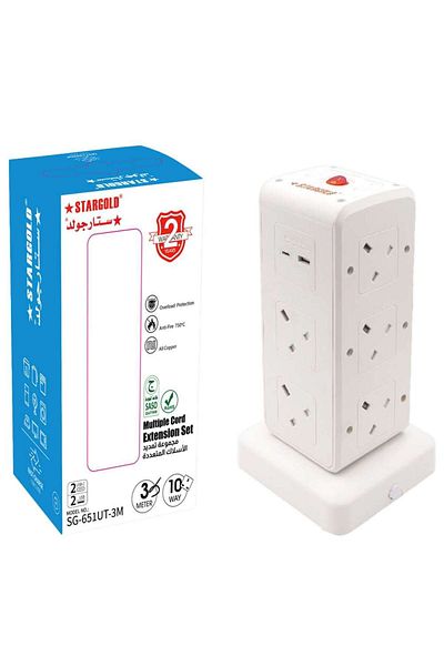 Generic Stargold Generic 10-Way Vertical Extension Cord with USB, 3250W/13A, Overload Protection, 3M Cable