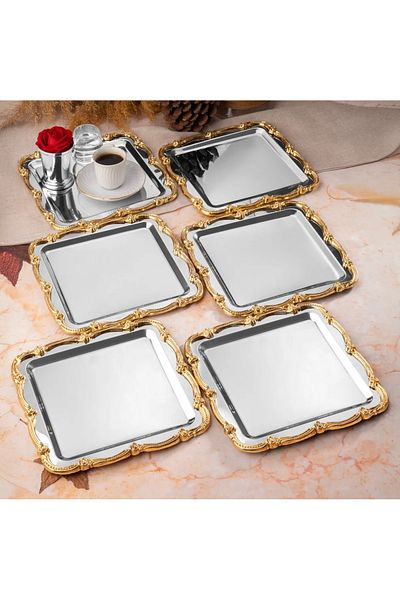 SEVA ÇELİK 6 Pcs Stainless Steel Square Gold Frame Service and Presentation Tray Luxury