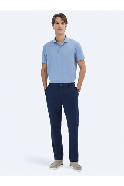 Kip Navy Blue Woven Casual Cotton Blend Trousers