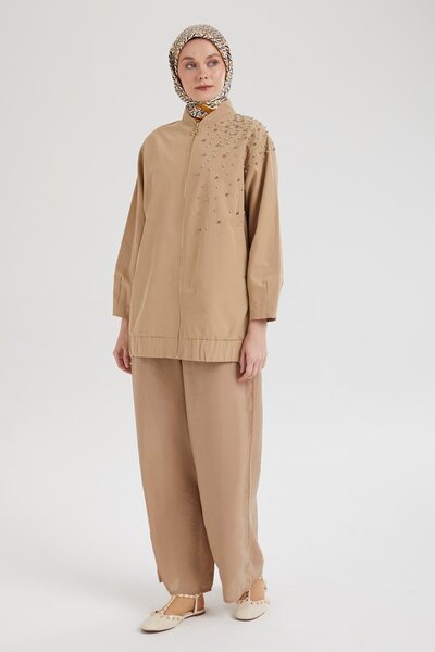 Armine TREND Armi̇ne Trend Skirt Elastic Zipper and Stone Detailed Jacket-Beige 25Yt512
