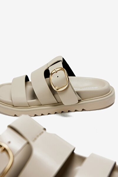 Seniorah Beige Skin Three Thick Stripes Single Buckle Detailed Women's Slippers