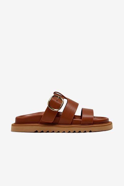 Seniorah Tan Skin Three Thick Straps Single Buckle Detailed Women's Slippers