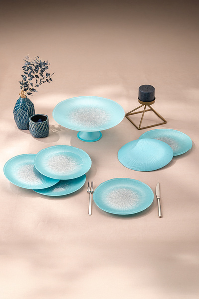 Emsan Pastel 7 Parça Cam Pasta / Tatlı Seti Mavi