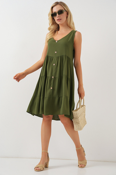 Bigdart Kadın Sıfır Kol Düğmeli Kısa Elbise 2571 - Haki