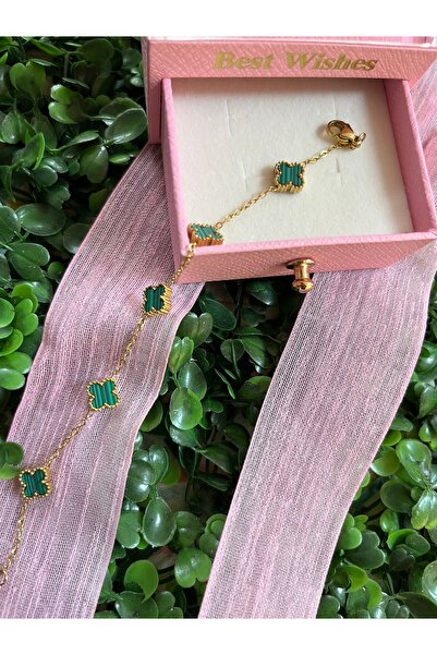 PONÇİK ACCESSORİES Çelik Gold Rengi Model Çift Taraflı Yeşil Taşlı 5 Yoncalı ...