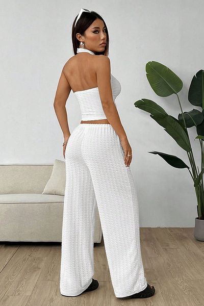 Trendseninle White Knitted Wrap Sleeveless Backless Waist Tight Blouse Pants Suit
