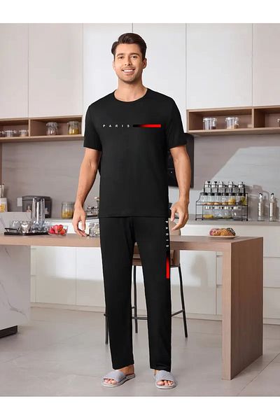 PENTHİLUS Men's 2 Piece Short Sleeve and Long Pants Black Letter Printed Pajama Set